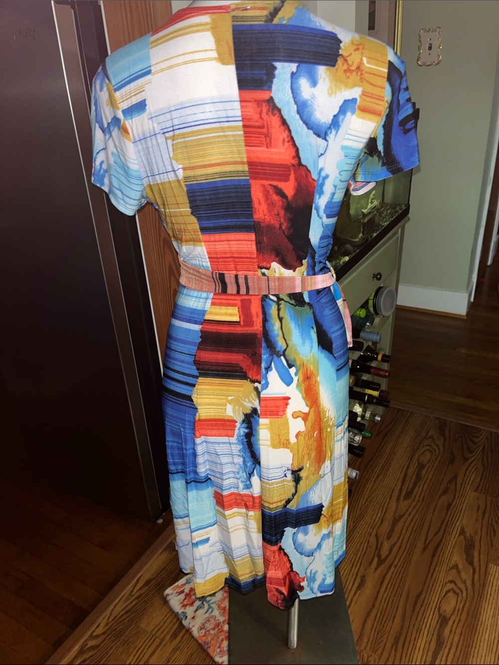 NWOT Abstract Striped Wrap Midi Dress in Blue, Red & Yellow, so:S,M,L - Picture 2 of 2
